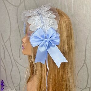 🎀🌷 Blue & White Floral Lace Ruffle Headband Bow Ribbon Lolita Headwear 🌷🎀 NWT